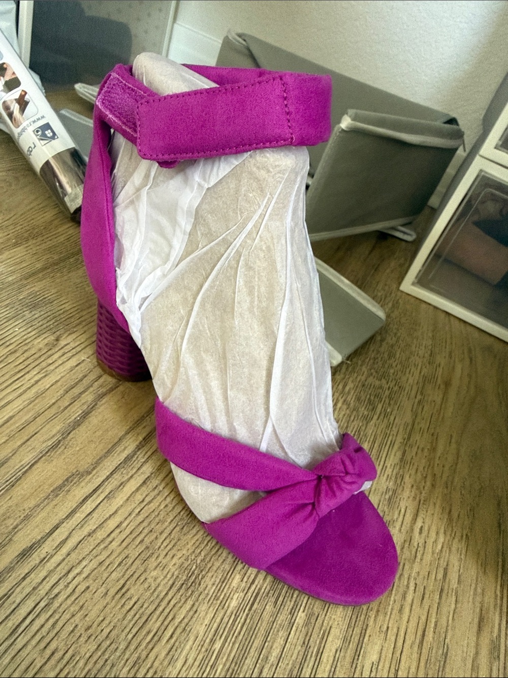 Franco Sarto Magenta Suede Block Heel Sandal with Ankle Strap